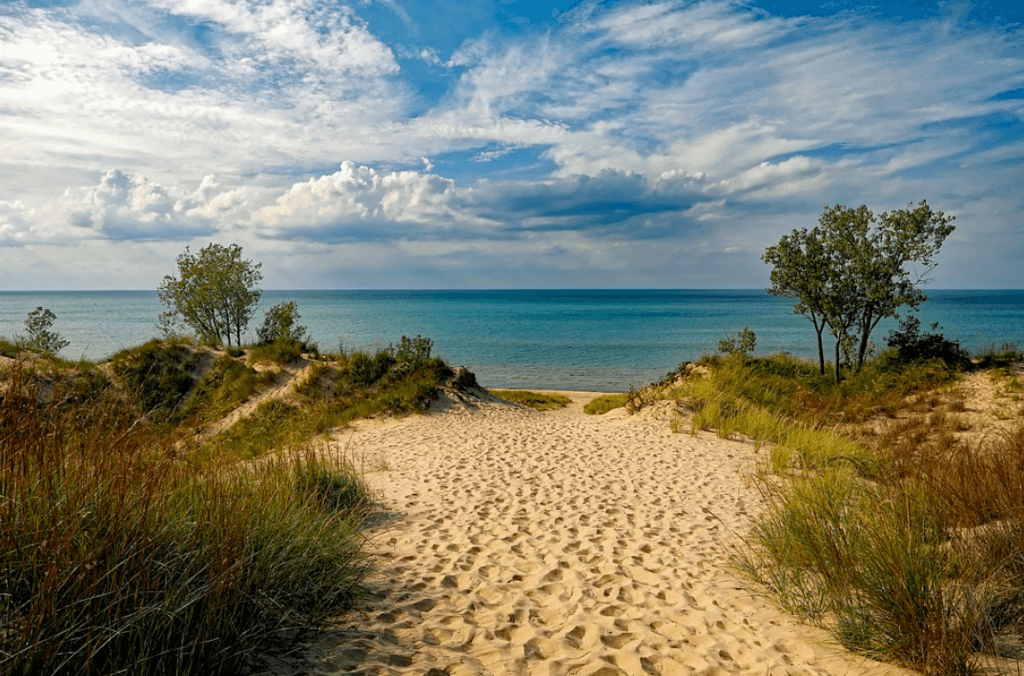Indiana Dunes State Park, showing a beach with good fishing and cloudy sky

