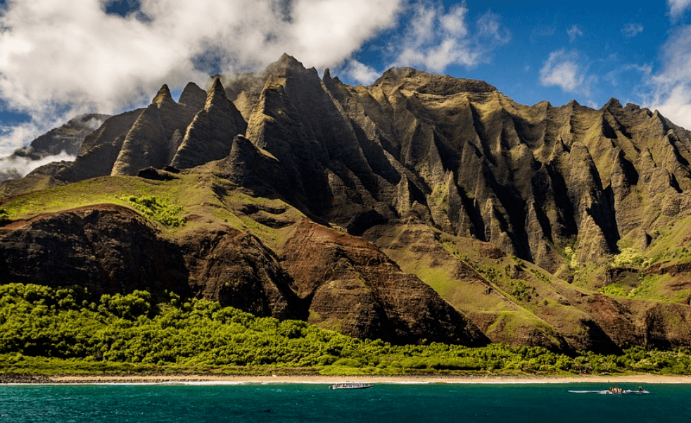Hawaii mountain range and ocean scene 